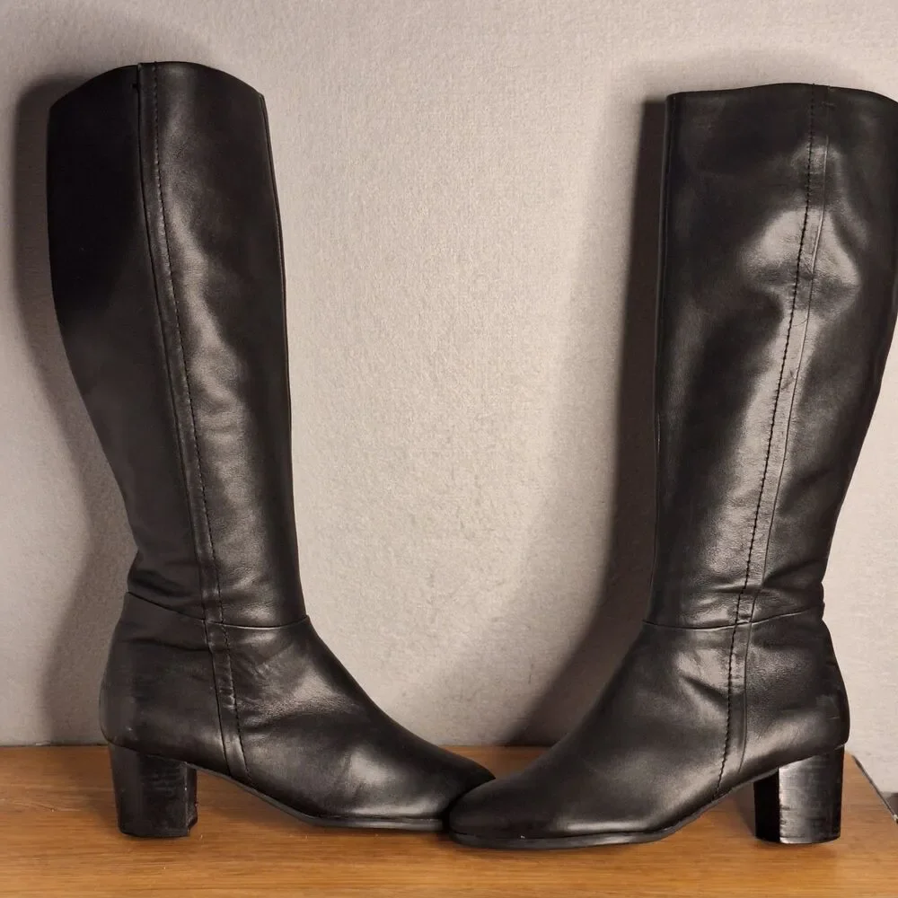 Vionic Tahlia Women’s 7.5 Black Leather Knee High Boots Almond Toe Zip Tall
